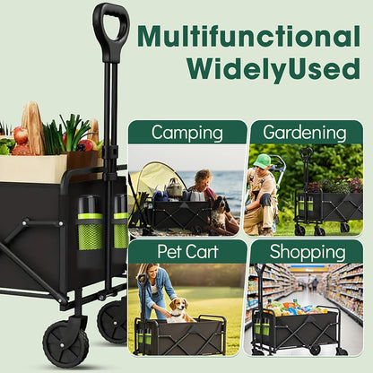 370lbs Collapsible Wagon with Wheels, Weight Capacity Foldable Beach Wagon with Flexible Handle Portable Utility Wagon