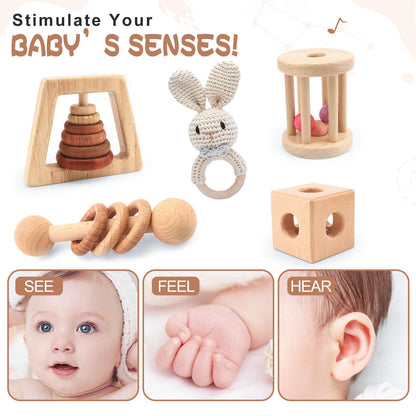Wooden Baby Rattle, 7PCS Wooden Baby Toys for Babies 18-36 Months, Wood Montessori Toys with Crochet Rabbit Rattle for Infant Grasping, Gift for Baby Girls Boys