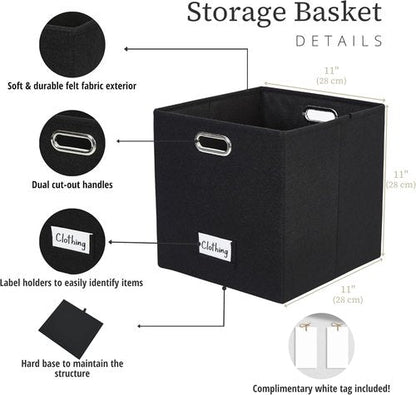 DECOMOMO Black Storage Bins - 11-Inch Cube Felt Baskets with Labels | Set of 6 for Organized Spaces