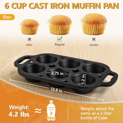 COSORM 6 Cup Cast Iron Muffin Pan - Pre-Seasoned Nonstick Muffin Tin, Regular Size Cupcake Baking Pan