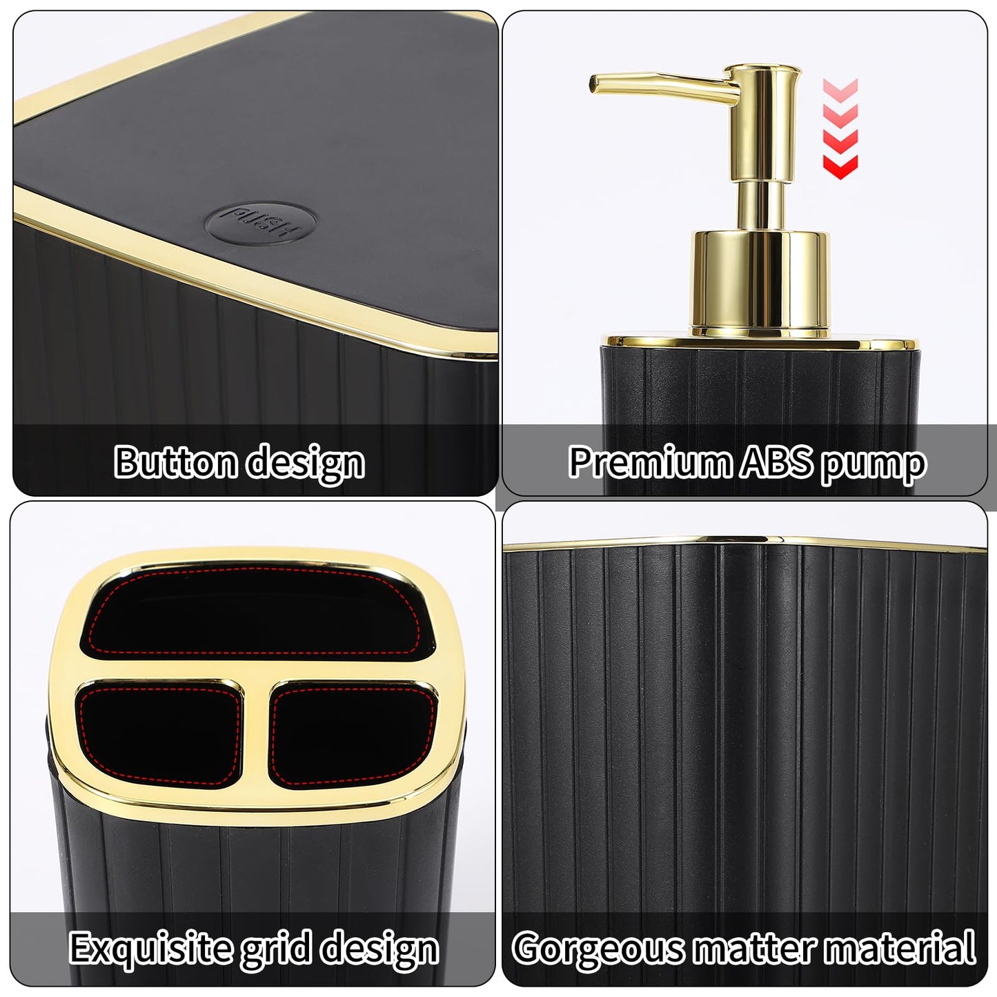 XLHOMO Bathroom Accessories Set - Gorgeous Black Bathroom Set, 10PC Bathroom Accessory Set, Toilet Brush, Trash Can, Qtip Holder & Soap Dispenser