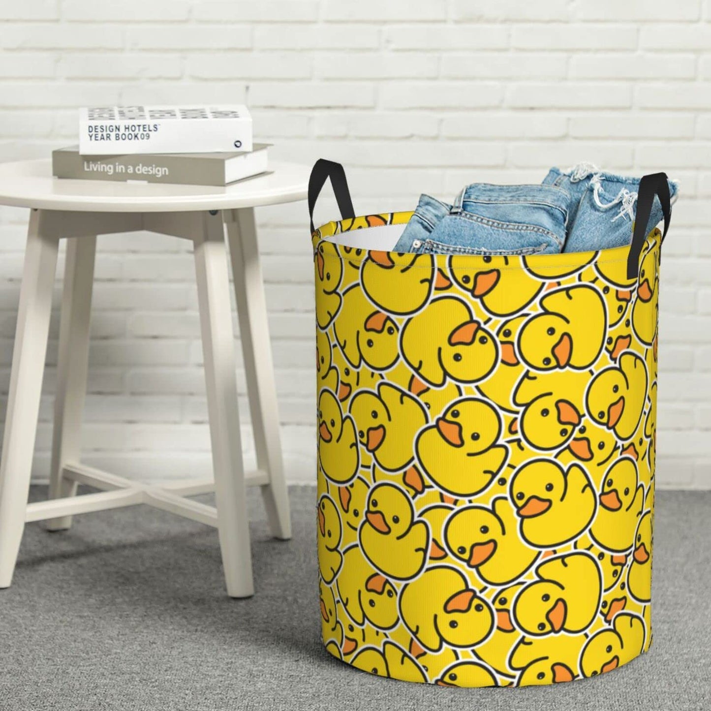 Gbuzozie 38L Round Laundry Hamper Cute Rubber Ducky Storage Basket Waterproof Coating Yellow Cartoon Ducks Organizer Bin For Nursery Clothes Toys