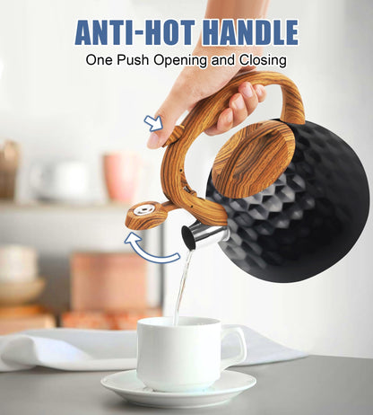 Foedo Tea Kettle Stovetop, 3.2 Qt Stainless Steel Whistling Kettle for Stove Top, Food Grade Teapot with Wood Pattern Handle for Coffee, Milk etc, Gas Electric Applicable (Black)
