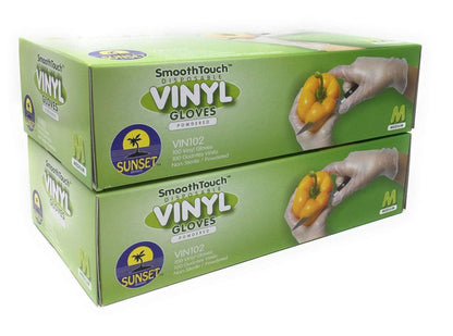 Sunset Brands 200 Disposable Vinyl Gloves, Medium Size, Non-Sterile, Easy Slip On/Off, Smooth Touch, Food Service Grade