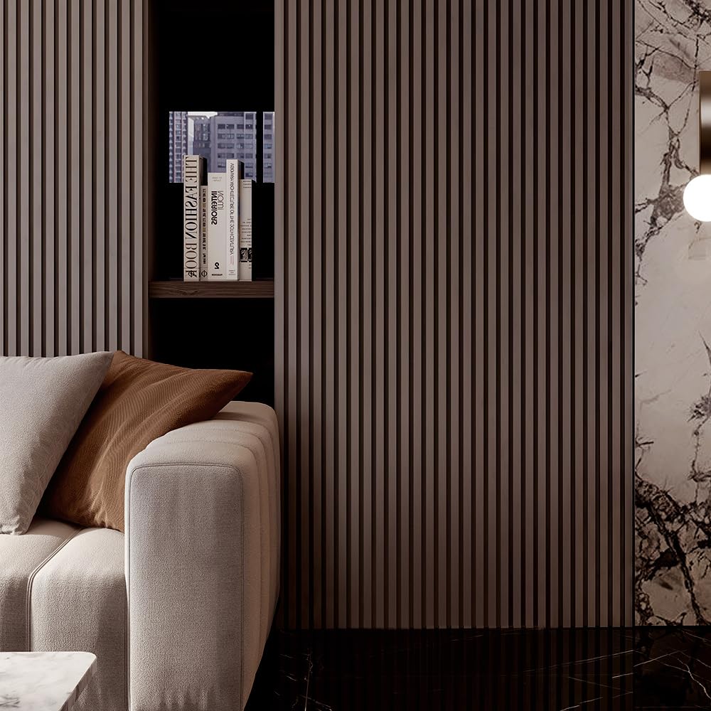 NovaGrid Board 4PCS Acoustic Wood Slat Wall Panels for Wall Decor and Ceiling 3D Fluted Sound Absorbing Panel Soundproof with Wood Finish 108"×6" (Walnut Brown)