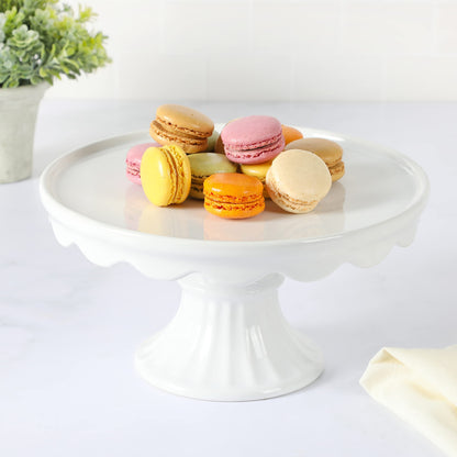 Martha Stewart Patterson 10" Round White Stoneware Pedestal Cake Stand, 5.1" Tall - Fits 9" Cakes | Elegeant Display Plate Stand for Parties, Weddings & Desserts