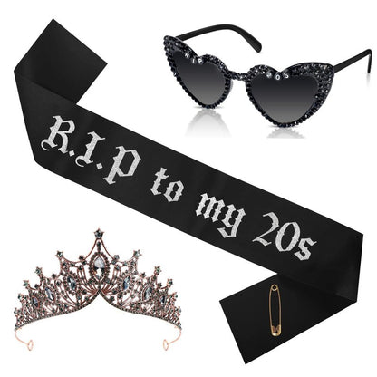 Rip To My 20s Sash And Crown with Sunglasses Set Black Birthday Sash Bronze Gold Crown Birthday Party Accessories for Women 30th Birthdays Glitter Party Favors (Sash&Crown&Sunglasses)