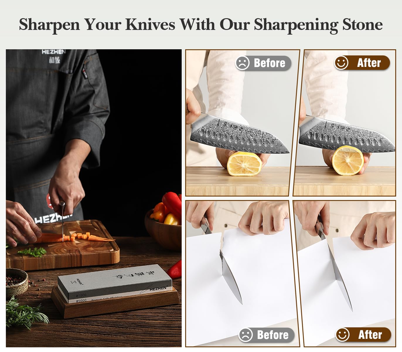 HEZHEN Extra Large Double-sided White Corundum Whetstone Knife Sharpening Stone Grit 1000/5000 Waterstone- 7.9x3.1x1.2 inch Knife Sharpener- Non-slip Acacia Wood Base & Flattening stone & Angle Guide