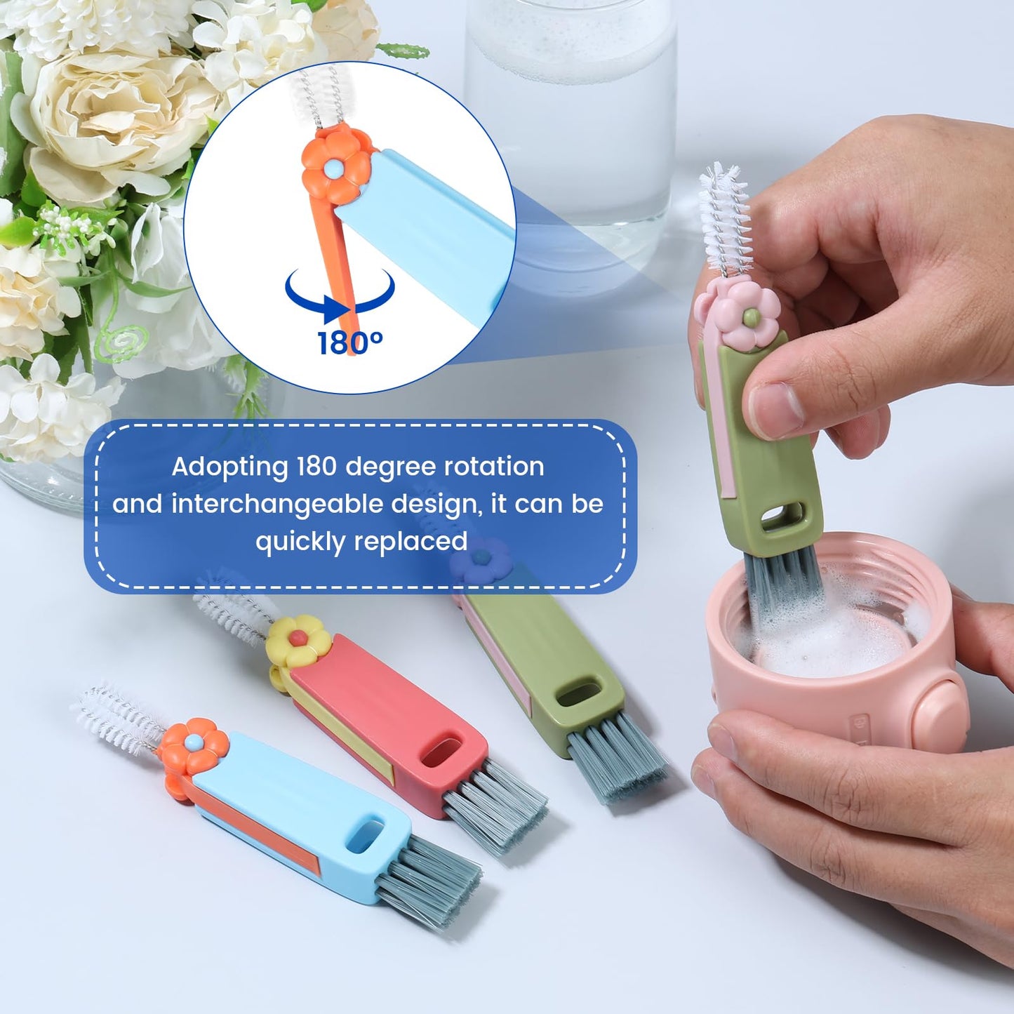 BXUYAOXMC 3 in 1 Cup Lid Cleaning Brush, 180° Rotatable Multifunctional Crevice Cleaner for Water Bottle Tumbler Baby Bottle, Cup Lid Gap Brush with Soft & Firm Bristles + Pick, 6 Pack