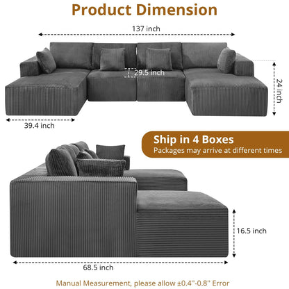 137" Oversized Cloud Boneless Sofa Couch with Chaise, Modern Corduroy u Shaped Modular Sectional Sofa with Deep Seat, No Assembly Required, Convertible Compression Sleeper Sofa for Living Room