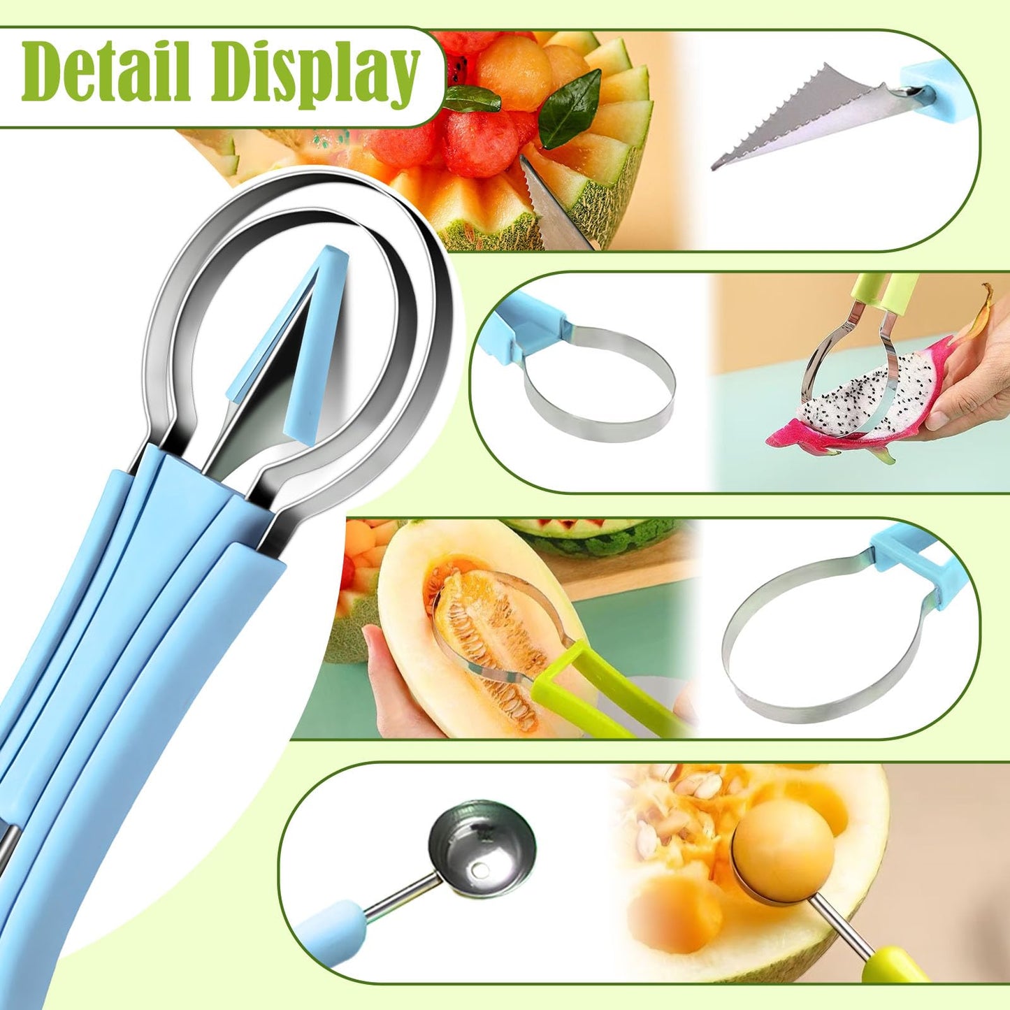 Suuker Melon Baller Scoop Set,Professional 4 In 1 Stainless Steel Fruit Carving Tools Knife Kit, Watermelon Knife for Ice Cream Melon,Dig Pulp Separator Fruit Slicer (Blue)
