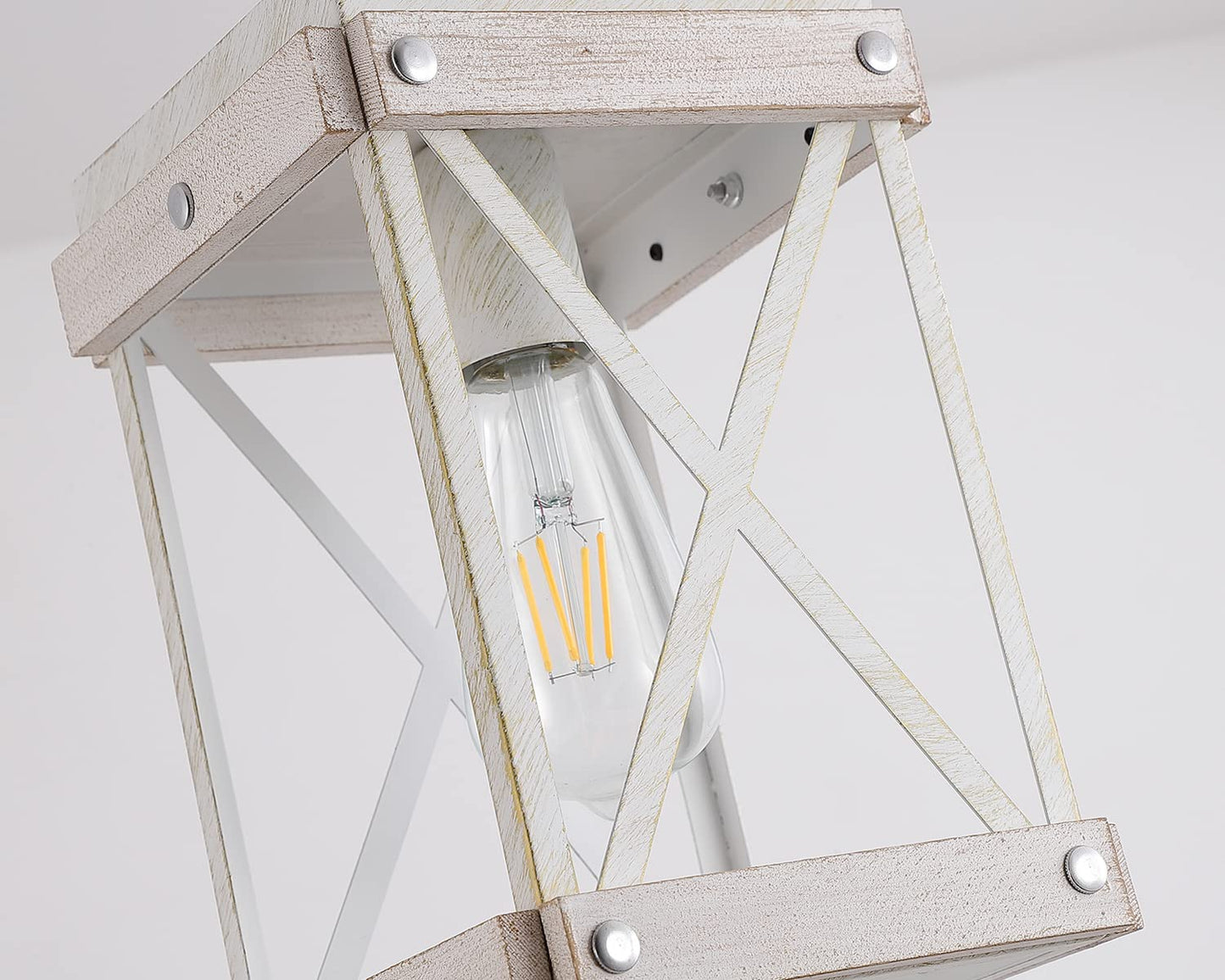 Fivess Lighting Modern Farmhouse Antique White Distressed Pendant Light with Wood and Metal Cage, One-Light Adjustable Chains Rustic Mini Pendant Lighting Fixture for Kitchen Island Cafe Bar