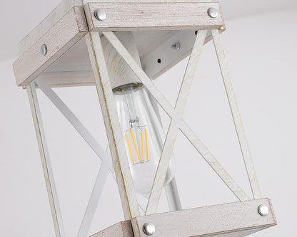 Fivess Lighting Modern Farmhouse Antique White Distressed Pendant Light with Wood and Metal Cage, One-Light Adjustable Chains Rustic Mini Pendant Lighting Fixture for Kitchen Island Cafe Bar