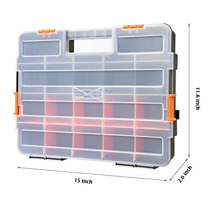 Makitoyo Tool Box Organizers, Interlocking Black Small Parts Organizer for Fasteners, Parts and Crafts w/Removable Dividers, 2 Pieces Pack, Black & Orange,15”L×11.6”W×2.6”H