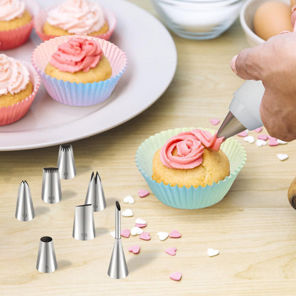 LLMSIX 15pcs Reusable Cotton Piping Bags and Tips Set with 7 Stainless Steel Piping Tip, Large Piping Tips and Churro Tip for Cake Cupcake Pastry Decoration and Cream Puff Filling