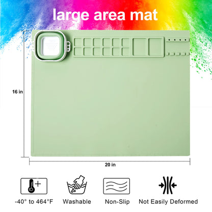 AWOKE Silicone Painting Mat for Table Protection - 20"X16" Washable Art Mat with 1 Water Cup for Kids - Craft Mat has 12 Color Dividers - 2 Paint Palettes (Green), Toddler Activities, Girl Boy Gifts