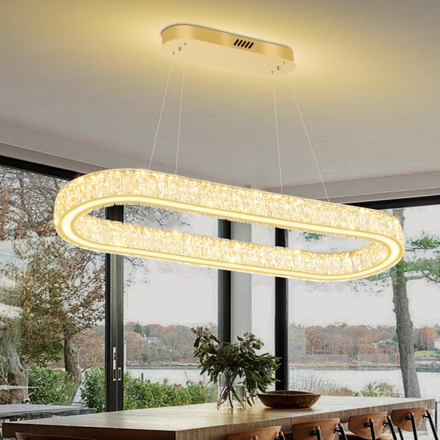 IDEQUY Gold 40in Crystal Ring Chandeliers for Dining Room Dimmable Linear Oval Crystal Ring Pendant Light for Kitchen Island 1 Linear Chandelier LED Acrylic Pendant Lighting