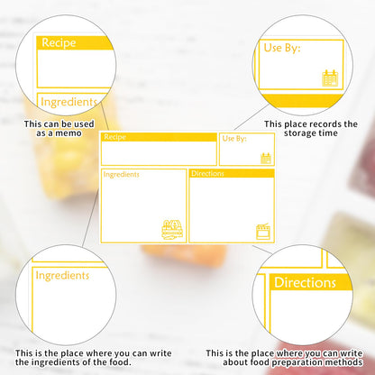 100pcs Labels for Freezer Bags Freezer Meal Labels with Instructions 3.2 X 5 inch Oil and Water Resistant Labels Food Labels for Freezer Storage for Leftovers in Fridge Removable Freezer (Yellow)