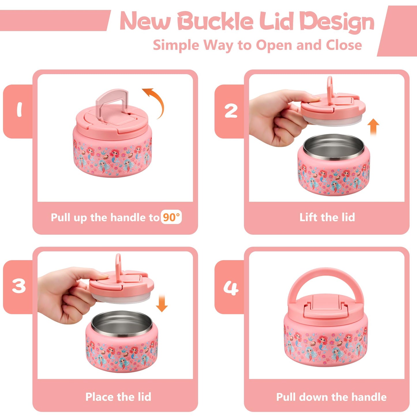 BABHAMNESS 13.5oz Soup Thermo for Hot Food Kids Insulated Vacuum Food Jar with Buckle Lid,Wide Mouth Leakproof Stainless Steel Lunch Container with Spoon-Mermaid