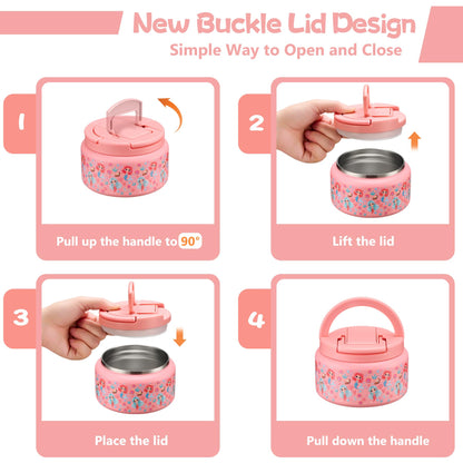 BABHAMNESS 13.5oz Soup Thermo for Hot Food Kids Insulated Vacuum Food Jar with Buckle Lid,Wide Mouth Leakproof Stainless Steel Lunch Container with Spoon-Mermaid