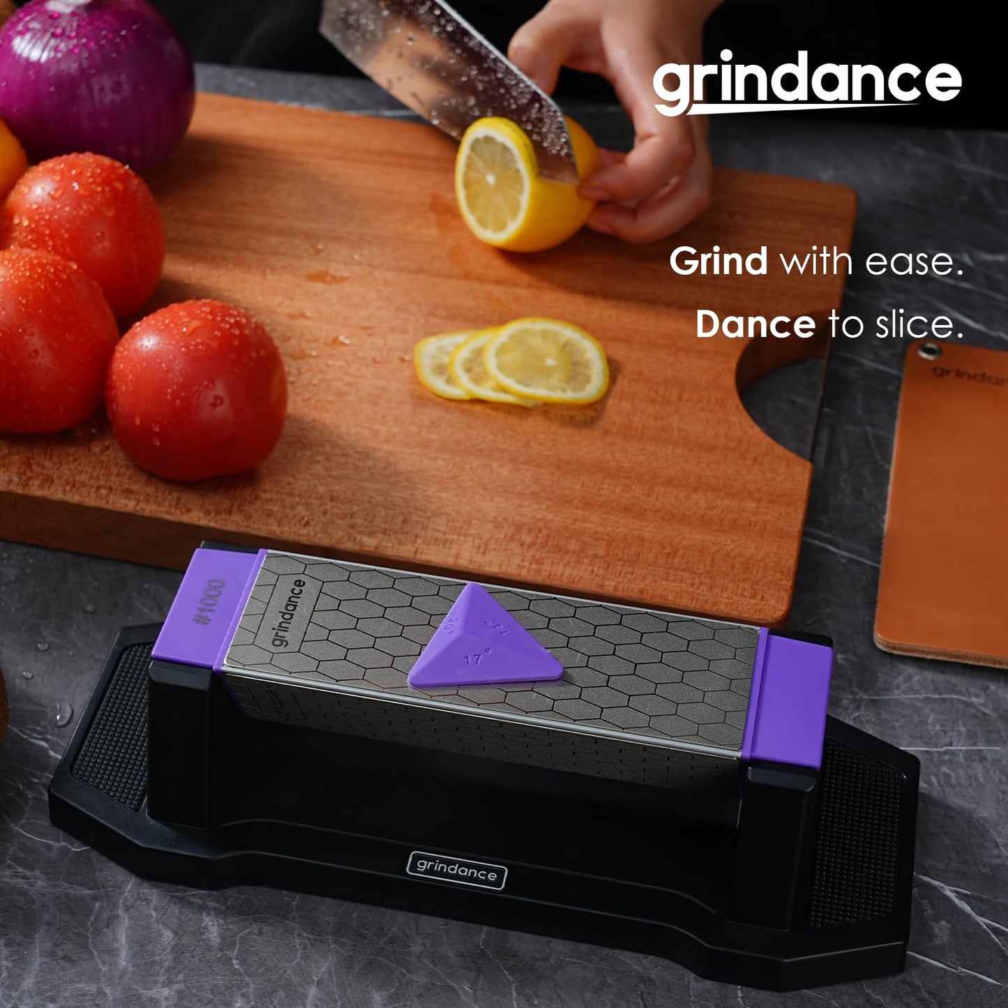 Grindance 3-Sided Diamond Sharpening Stone 400/1000/8000 Grit Whetstone with Angle Guide, Non-Slip Base, Leather Strop & Glove Premium Knife Sharpener for Kitchen, Hunting & Outdoor