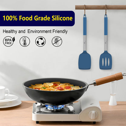 HOTEC Silicone Spatula Set of 2 Heat-Resistant 600°F & BPA-Free Kitchen SaptulaTurner with Stainless Steel Handles, Slotted & Solid Spatulas for Nonstick Cookware, 13.7 Inch, Classic Blue
