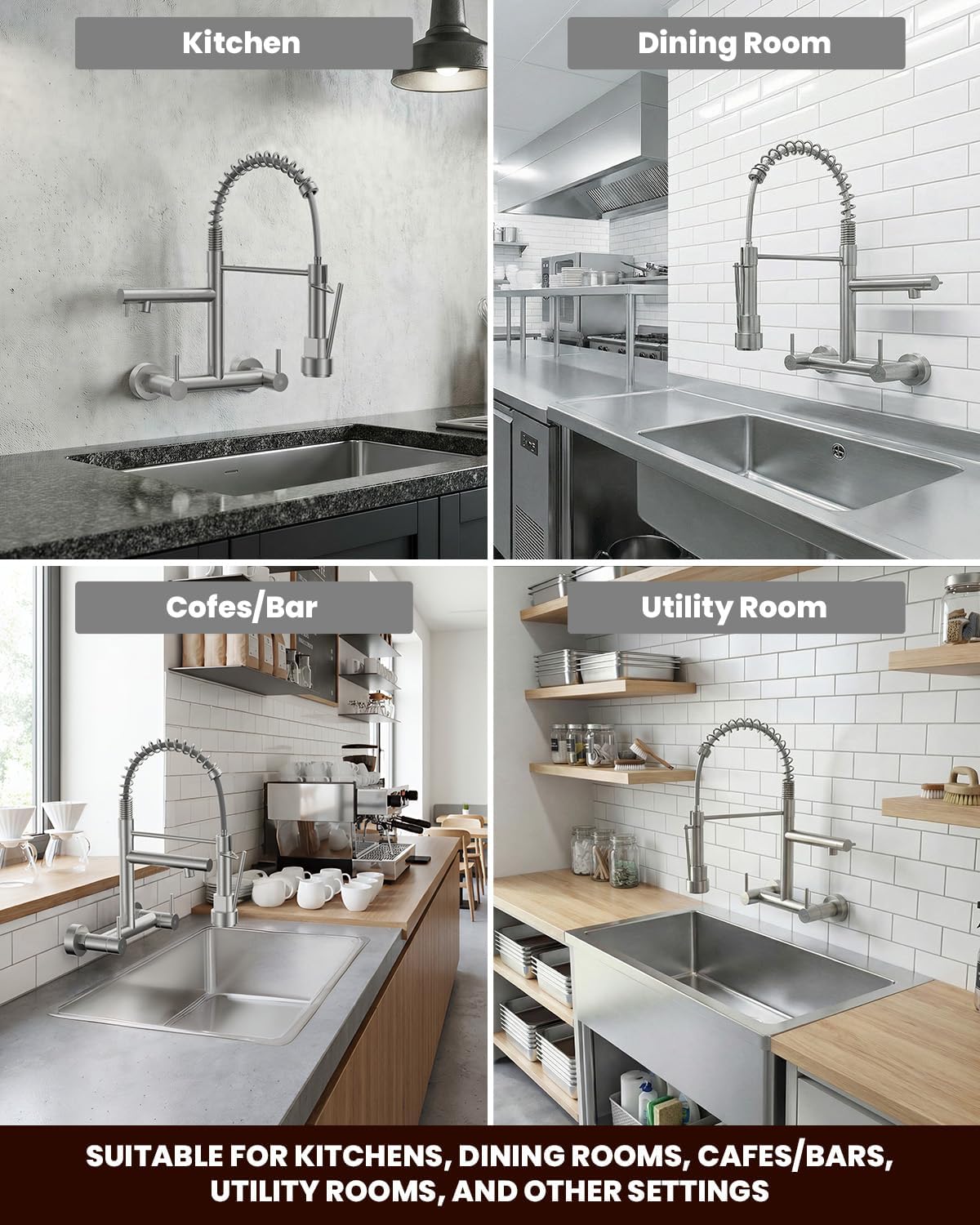 BLYLUND Wall Mount Kitchen Faucet with Pull Down Sprayer, Stainless Steel 8 Inch Center Commercial Sink Faucets 2 Handle Utility Sink Tap High Arch for Kitchen Laundry Restaurant, Brushed Nickel