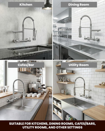 BLYLUND Wall Mount Kitchen Faucet with Pull Down Sprayer, Stainless Steel 8 Inch Center Commercial Sink Faucets 2 Handle Utility Sink Tap High Arch for Kitchen Laundry Restaurant, Brushed Nickel