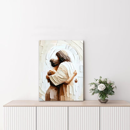 Palette Dreams Jesus Embracing Woman Canvas Wall Art, Woman Lying Safely In The Arms Of Jesus Wall Decor, Christian Wall Art Home Decor for Bedroom Church Prayer Room 12 x 16 Inch