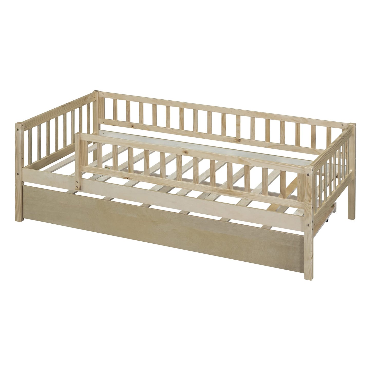 Bellemave Twin Bed Frames with Rails for Kids, Twin daybed Frame with Trundle for Boys/Girls/Adults， Natural