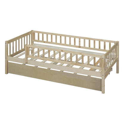 Bellemave Twin Bed Frames with Rails for Kids, Twin daybed Frame with Trundle for Boys/Girls/Adults， Natural