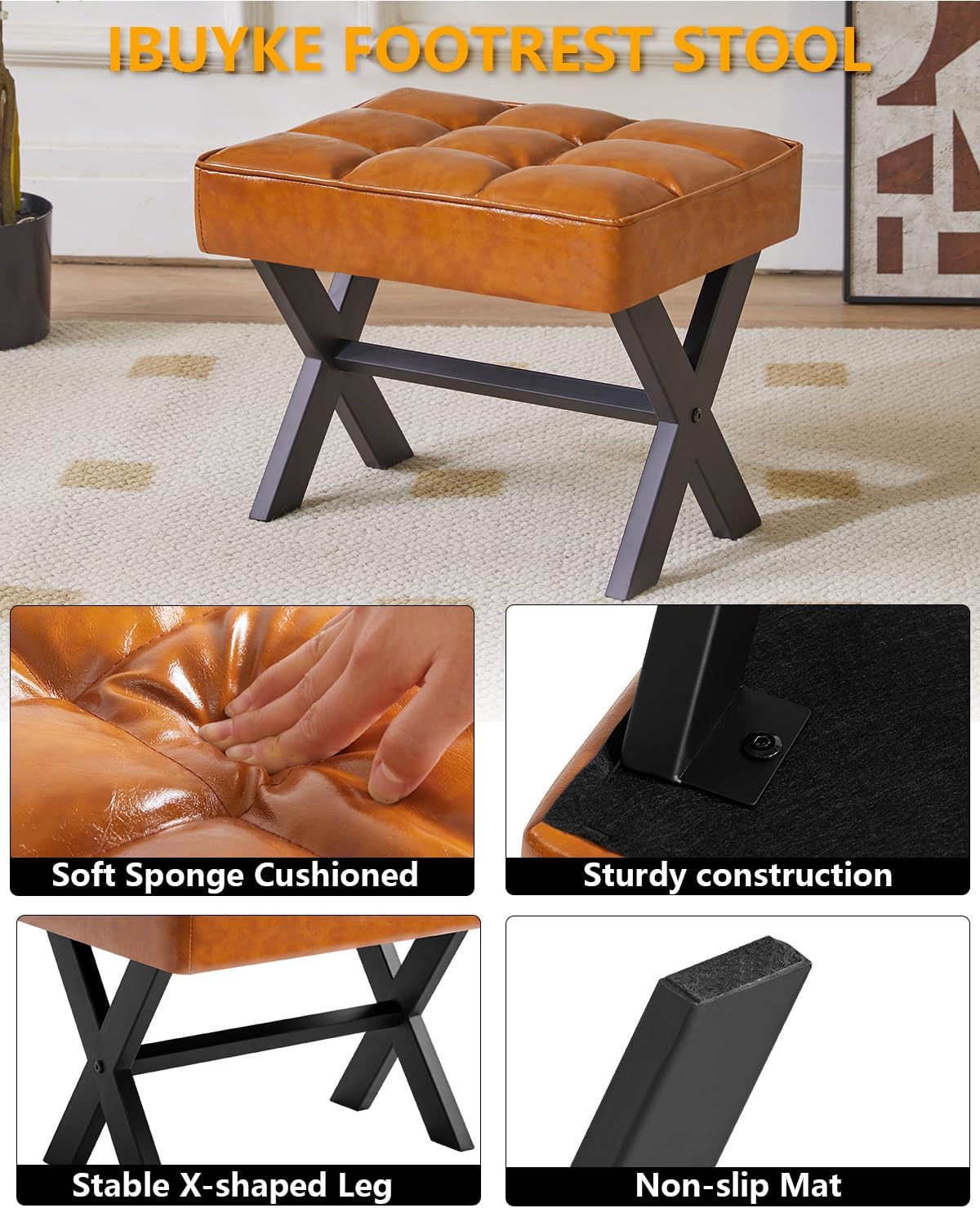 12" WBD012J IBUYKE Small H Footrest Stool, Square PU Foot Stool with Metal X-Leg, Multi-Use as Small Side Table, Step