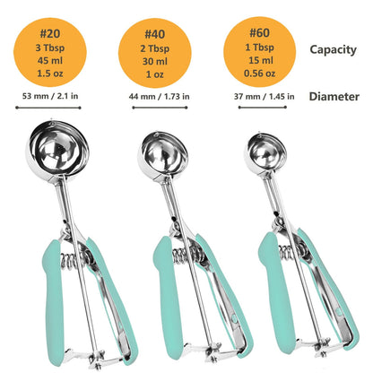 Cookie Scoop Set, 3Pcs Ice Cream Scoop, Cookie Scoops for Baking Set of 3, 18/8 Stainless Steel Cookie Scooper for Baking, Ice Cream Scooper with Trigger Release, Mint Soft Grip Cookie Dough Scoop