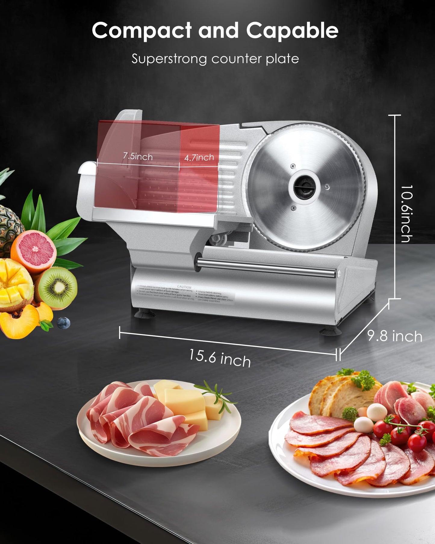 Valley Sportsman Meat Slicer Machine for Home - Electric Food Slicer with 7.5" Stainless Steel Blade, Adjustable Thickness Deli Slicer Cuts Meat, Bread, Cheese, Easy to Clean, Sliver