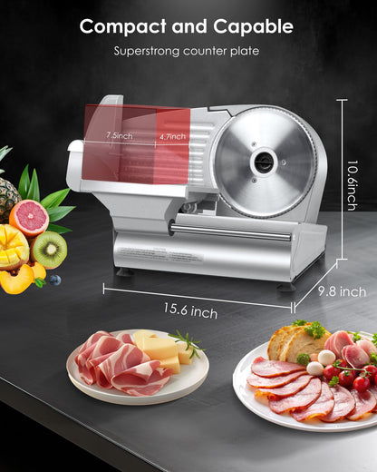 Valley Sportsman Meat Slicer Machine for Home - Electric Food Slicer with 7.5" Stainless Steel Blade, Adjustable Thickness Deli Slicer Cuts Meat, Bread, Cheese, Easy to Clean, Sliver