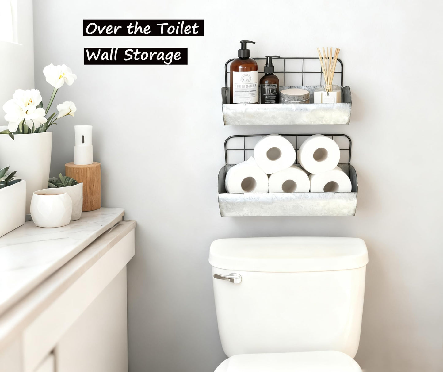 ShabbyDecor Galvanized Metal Farmhouse Wall Storage Holder Rustic Tin Shelves for Kitchen Laundry Room Bathroom Metal Hanging Wire Basket Set of 2