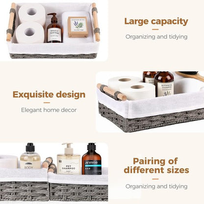 HomeHacks Storage Baskets - 2 Pack Decorative Paper Rope Bins with Handles for Organizing - Grey