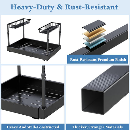 Aisslro Under Sink Organizer, 2 Tier Under the Sink Storage, Expandable Adjustable Slide Out Pull Out Under Cabinet Organizers Shelf, for Kitchen Bathroom Pantry Closet Organization, Black
