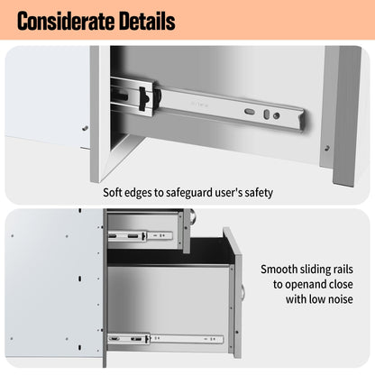 KODOM Outdoor Kitchen Double Drawers 13W x 20H x 21D Inch, Flush Mount Access BBQ Island Drawers for Outdoor Kitchens or Patio Grill Station