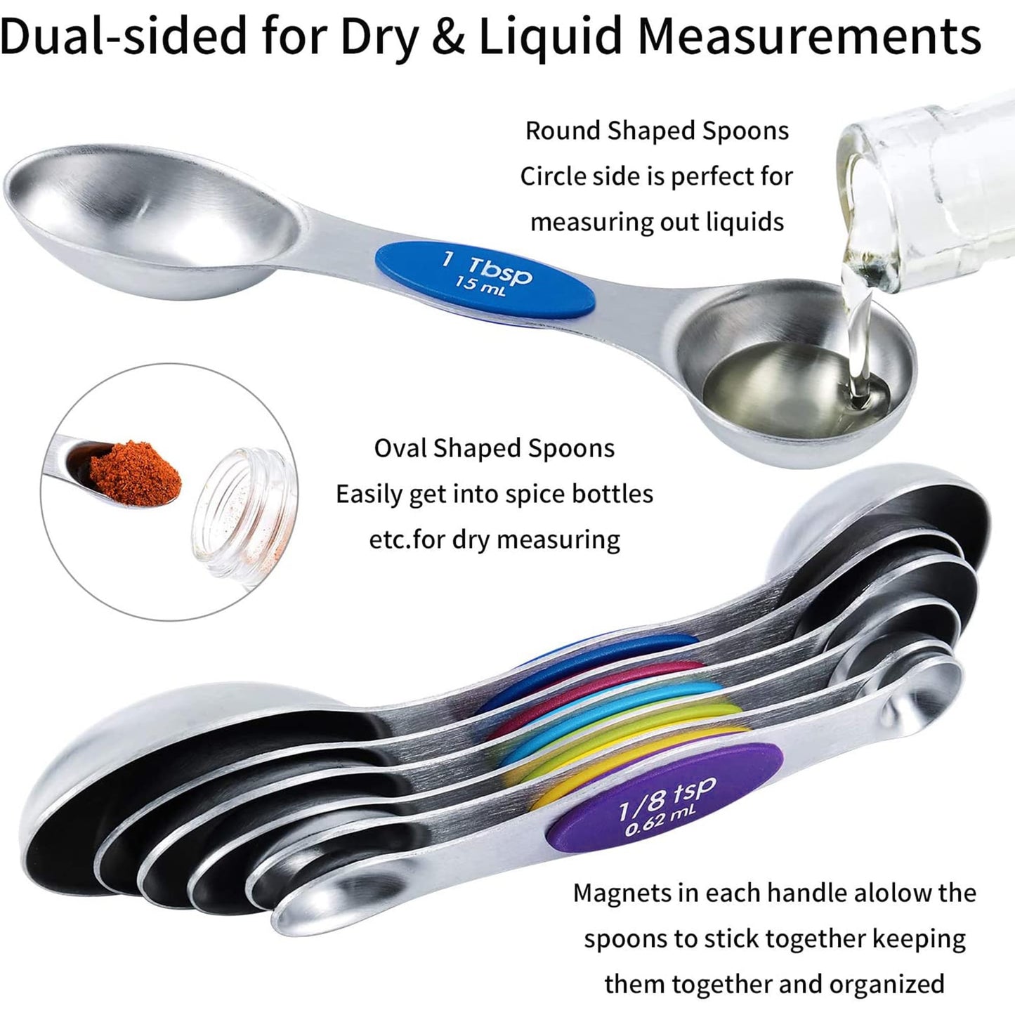 TILUCK measuring cups and magnetic measuring spoons set, stainless steel measuring cups, 6 double-sided stainless steel measuring spoons & 1 leveler (12)