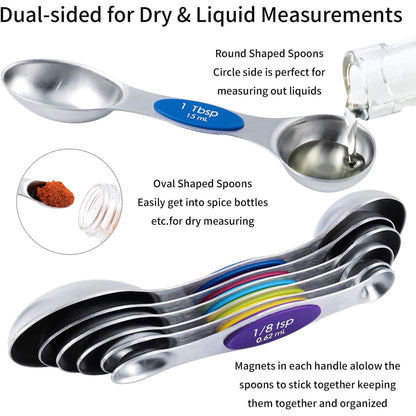 TILUCK measuring cups and magnetic measuring spoons set, stainless steel measuring cups, 6 double-sided stainless steel measuring spoons & 1 leveler (12)