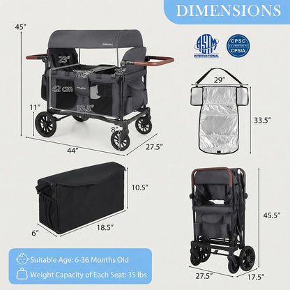 BABY JOY Wagon Stroller for 4 Kids, Foldable Stroller Wagon with Removable Canopy, Adjustable Handle, Snack Tray, Parent Organizer, 5-Point Safety Harness, Convertible Diaper Bag/Changing Pad (Gray)