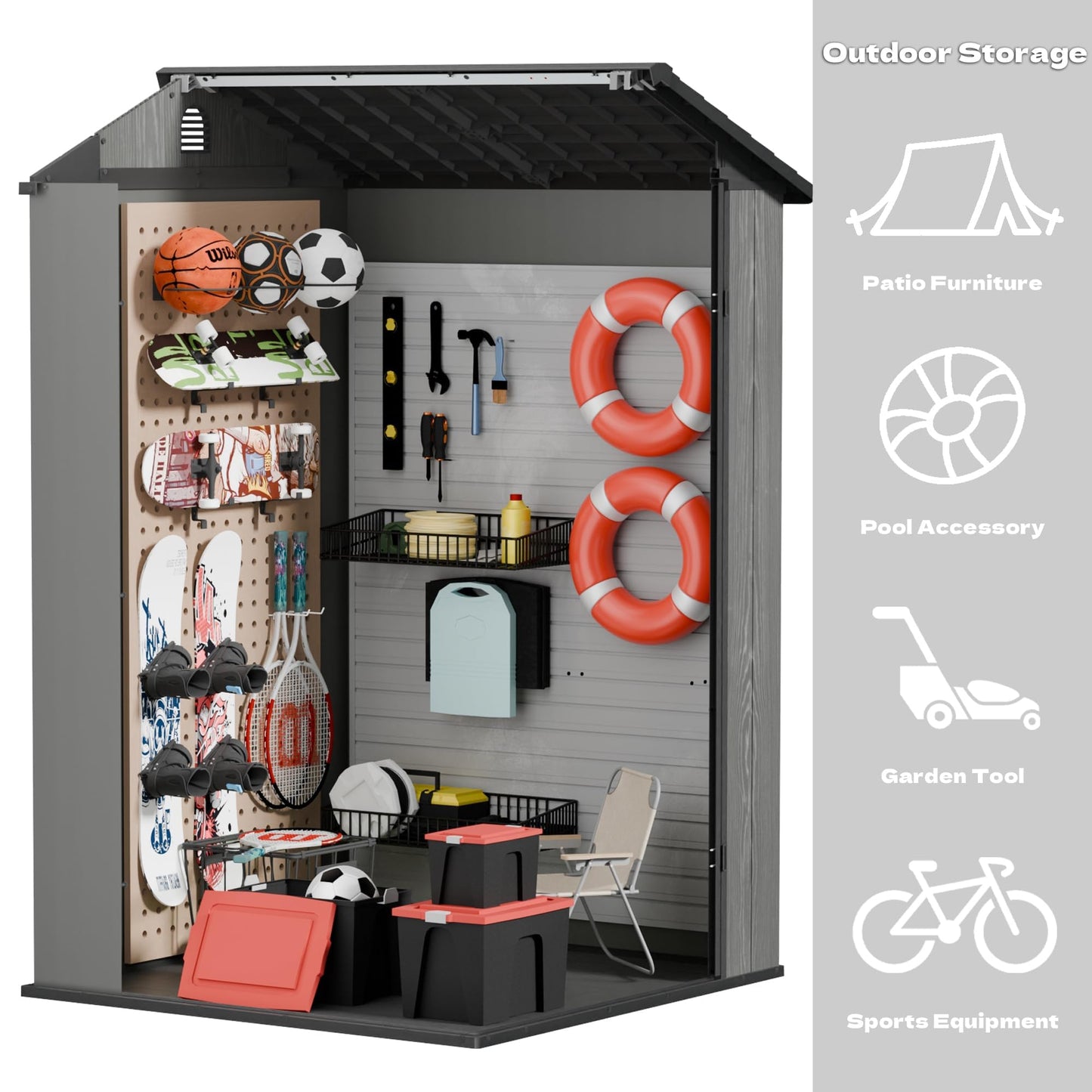 Devoko 4×4 FT Resin Storage Shed with Floor, Plastic Outdoor Garden Shed with Windows and Lockable Doors, Waterproof Outside Tool Sheds for Patio Backyard Lawn, Dark Gray