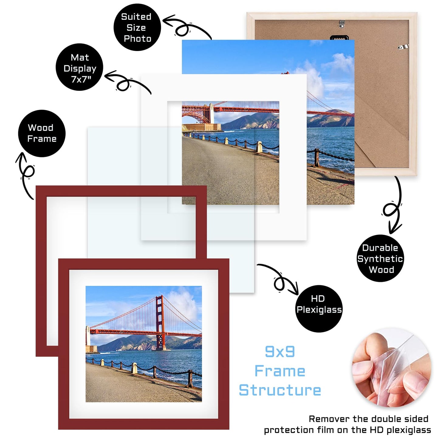 9x9 inch Wood Picture Frame for Wall Hanging or Tabletop Square Photo Frames with 1 Mats Display 7x7 inch for Baby Scan,Poster,Walls Decoration,Anniversary,Wedding,Christmas,Diamond Painting(Red)