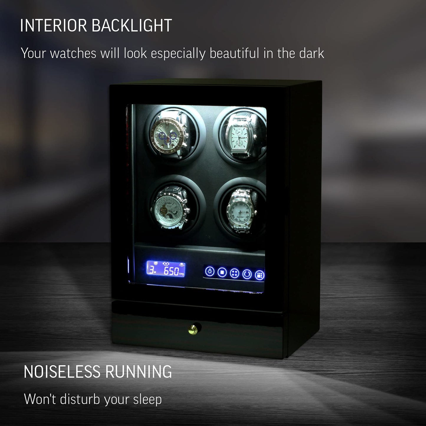 Automatic Watch Winder with LED Light, Storage Drawer and LCD Touchscreen Control (Black + Black)