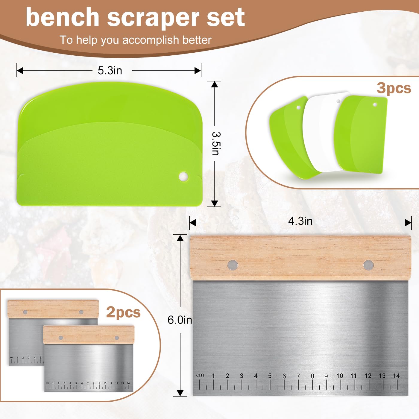5 Pcs Bench Scraper, Bench Scraper Kitchen 2 Pcs Stainless Steel Dough Scraper with Wood Handle and 3 Pcs PP Food Scraper with Hanging Hole, Multipurpose Bread Dough Cutter for Baking-Green