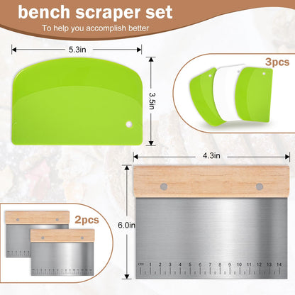 5 Pcs Bench Scraper, Bench Scraper Kitchen 2 Pcs Stainless Steel Dough Scraper with Wood Handle and 3 Pcs PP Food Scraper with Hanging Hole, Multipurpose Bread Dough Cutter for Baking-Green