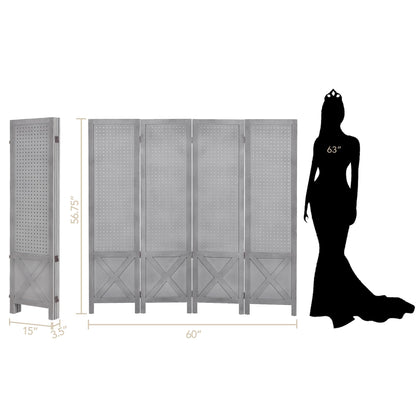 Wnutrees 4 Panel Pegboard Display, 5 Ft Wood Folding Privacy Screens Room Divider, Portable Freestanding Display Board for Craft/Art Shows, Retail, Events, Wall Organizer, Rustic Barnwood, Grey