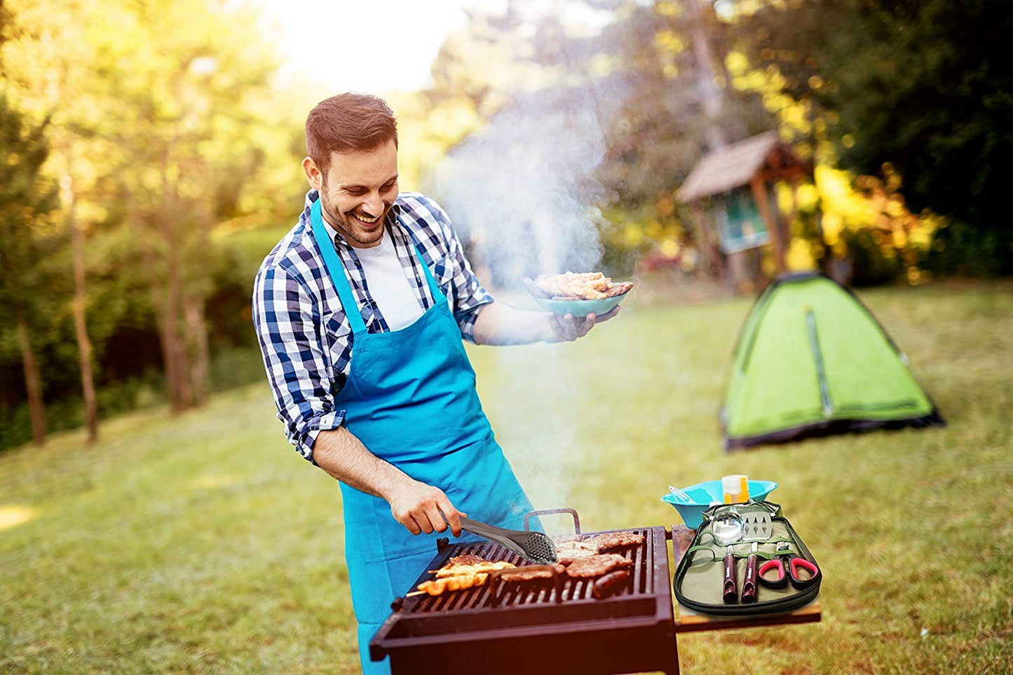 Wealers 12 Piece Camp Kitchen Cooking Utensil Set Travel Organizer Grill Accessories Portable Compact Gear for Backpacking BBQ Camping Hiking Travel Cookware Kit Water Resistant Case (Green)