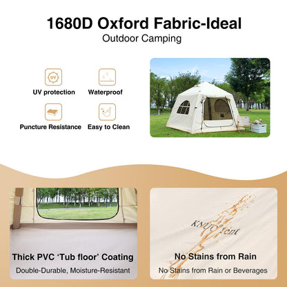 KNUO Inflatable Tent for Winter Camping 7.8x7.8ft Blow Up Air Tents, No Assembly Needed Luxury Glamping Tent for 1/2/3 People, Waterproof Oxford, Beige